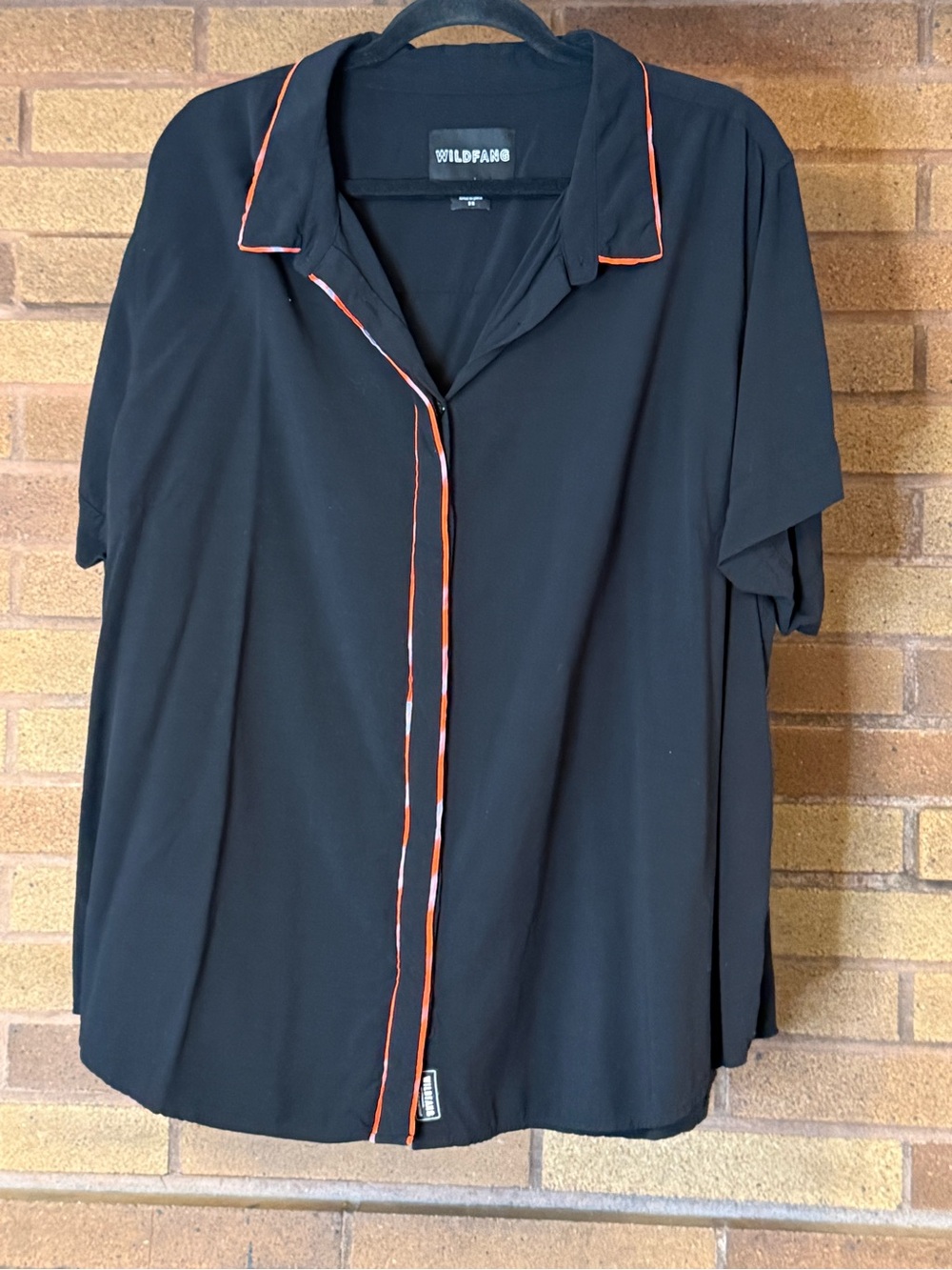 Wildfang Black Short-Sleeve Empower Button Shirt with Orange and Red Trim